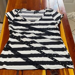 New Directions Black and White Striped Tee with Lace Accents Closet 1